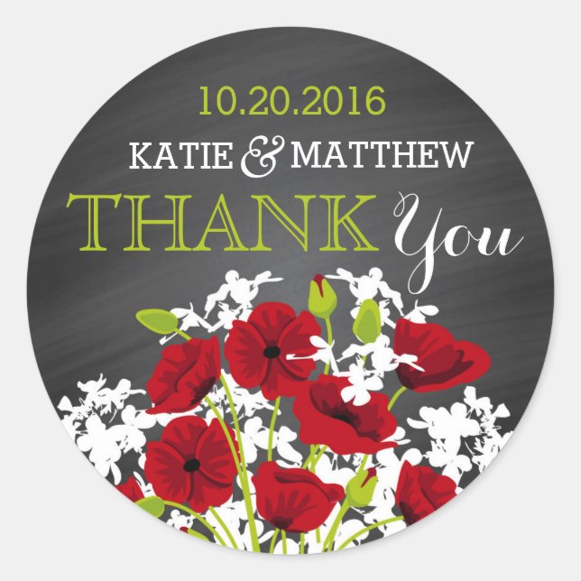 Red Poppy Chalkboard Modern Thank You Label (Front)