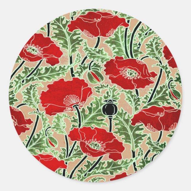 Red Poppy Classic Round Sticker (Front)