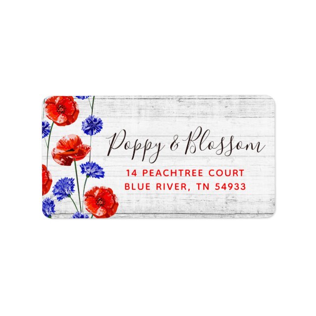 Red Poppy & Cornflower Rustic Wood Floral Address Label (Front)