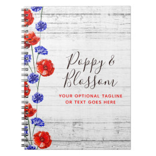 Red Poppy & Cornflower Rustic Wood Floral Boutique Notebook