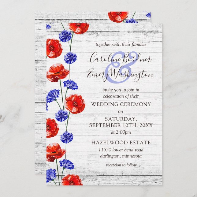 Red Poppy & Cornflower Rustic Wood Floral Wedding Invitation (Front/Back)