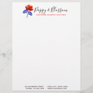 Red Poppy & Cornflower Watercolor Floral Boutique Custom Letterhead