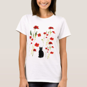 Red Poppy Cute Cat Floral T-Shirt