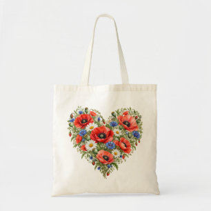 Red Poppy Daisy Meadow Heart Tote Bag