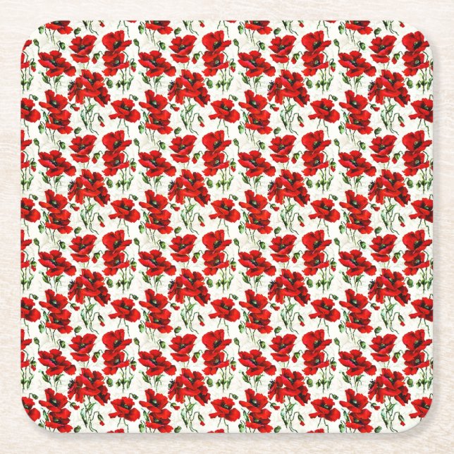 Red Poppy Design Square Paper Coaster (Front)