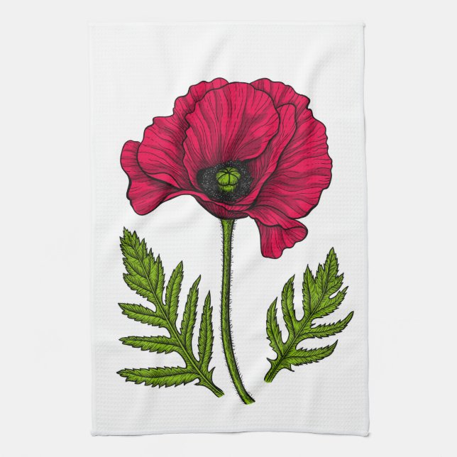 Red poppy drawing 3 tea towel (Vertical)