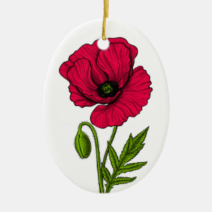 Red poppy drawing ceramic tree decoration