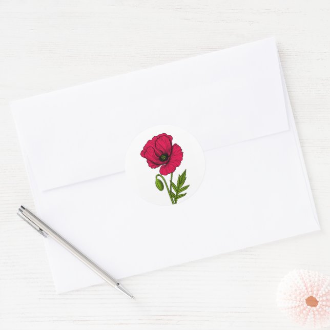 Red poppy drawing classic round sticker (Envelope)