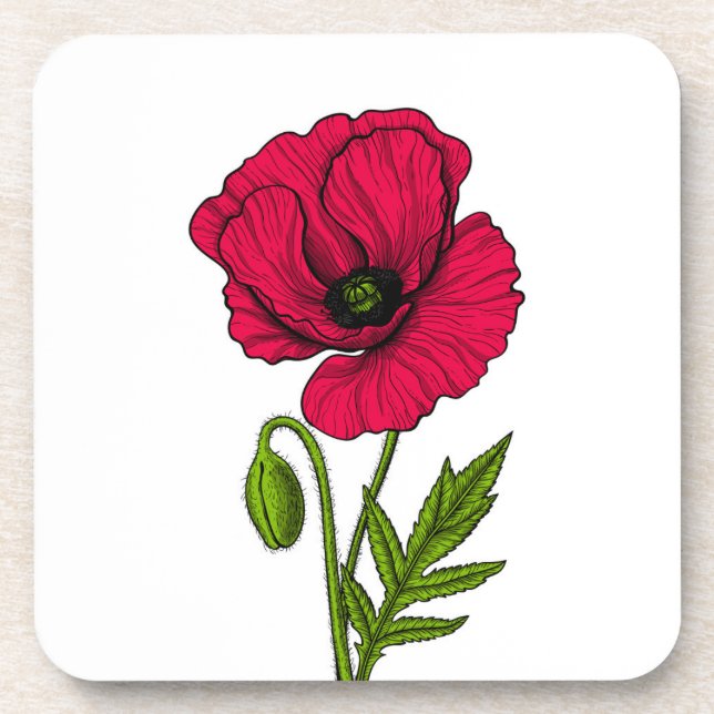 Red poppy drawing coaster (Front)