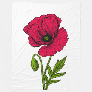 Red poppy drawing fleece blanket