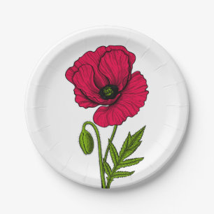 Red poppy drawing paper plate