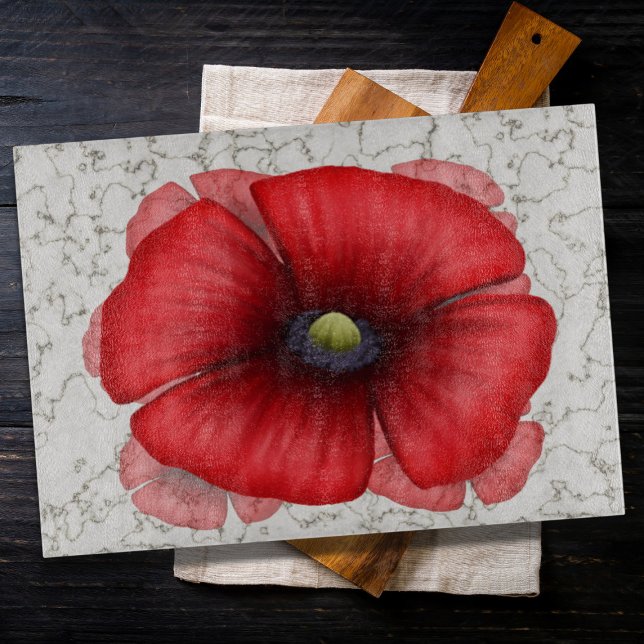 Red Poppy Faux Marble Pattern Cutting Board (Pop a poppy chopping board in your kitchen for a pretty pop of color)