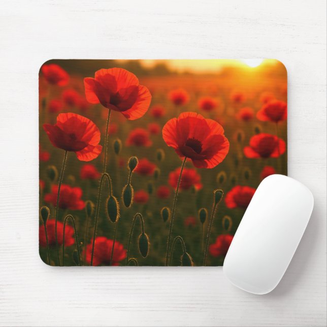 Red Poppy Field at Sunrise Mouse Pad (With Mouse)