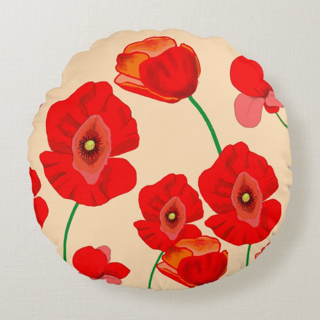 Red Poppy Field  Round Cushion (Front)
