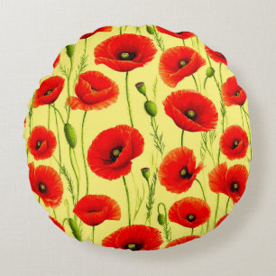 Red Poppy Field With Garden Stem Pattern Decor Round Cushion