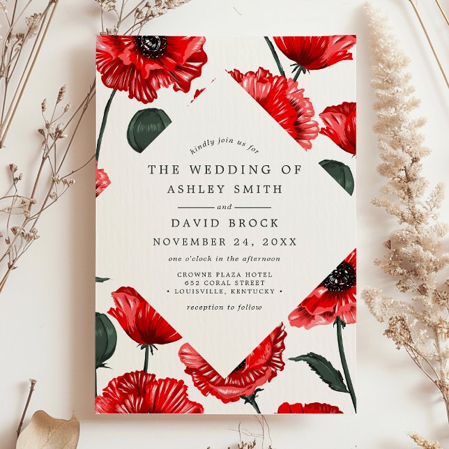 Red Poppy Floral Botanical Wedding Invitation (Creator Uploaded)