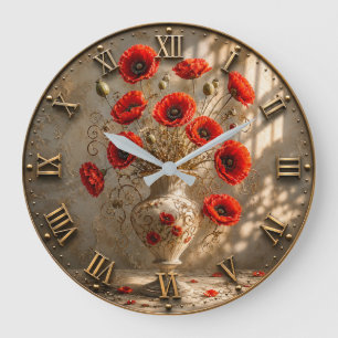 Red Poppy Floral Elegant Vintage Vase Art Large Clock