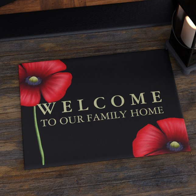 Red Poppy Floral Family Name Black Doormat (Welcome your guests in style with this pretty poppy doormat.  )