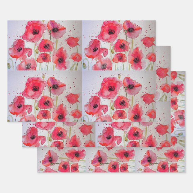 Red Poppy floral Flower Pattern Paper Party Plate (Set)