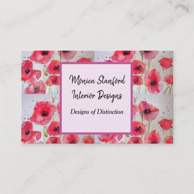 Red Poppy Floral Flowers Watercolour Business Card (Front)
