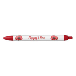 Red Poppy Floral Name Black Ink Pen