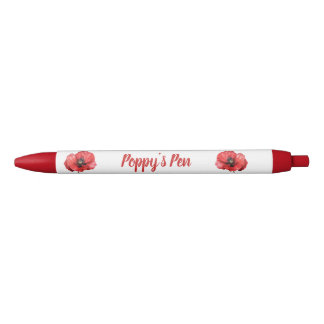 Red Poppy Floral Name Black Ink Pen