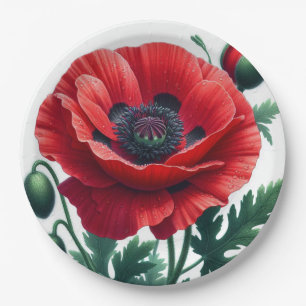 Red Poppy Floral Paper Plate