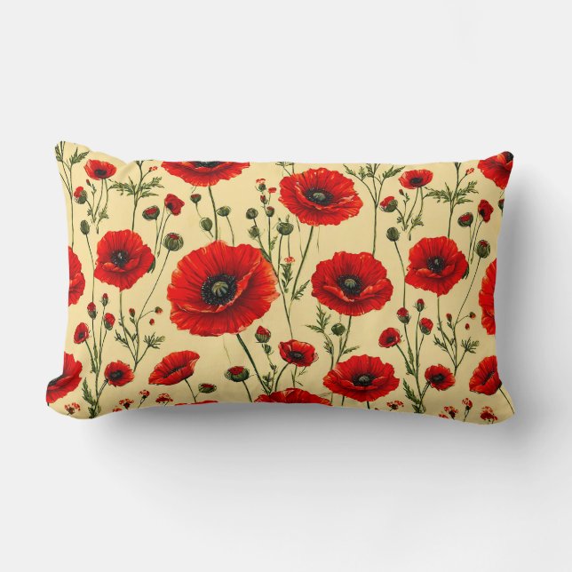Red Poppy Floral Pattern Lumbar Cushion (Front)