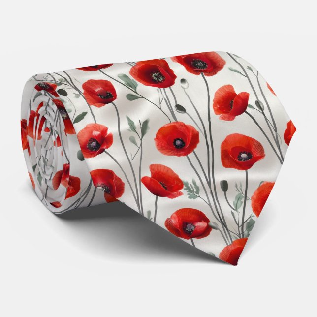 Red Poppy Floral Pattern Tie (Rolled)