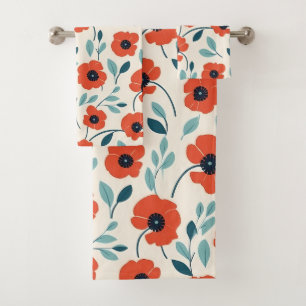 Red Poppy Floral Print Seamless Pattern Bath Towel Set