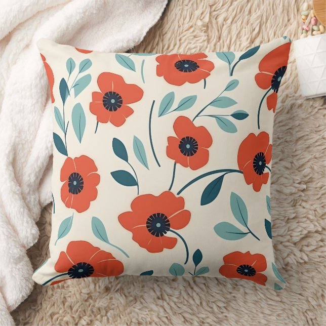 Red Poppy Floral Print Seamless Pattern Cushion (Blanket)