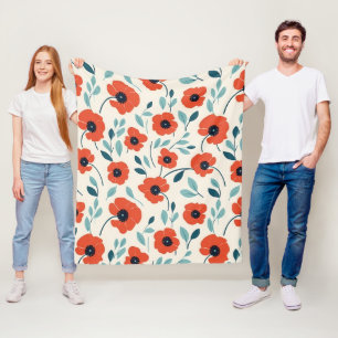 Red Poppy Floral Print Seamless Pattern Fleece Blanket