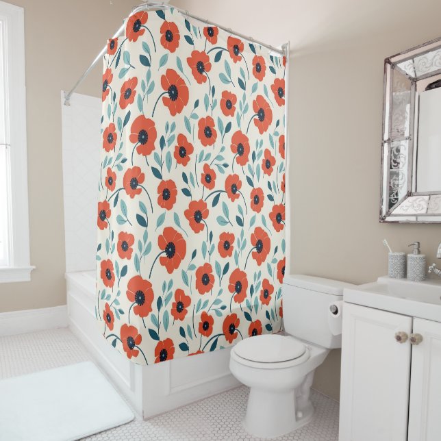 Red Poppy Floral Print Seamless Pattern Shower Curtain (In Situ)