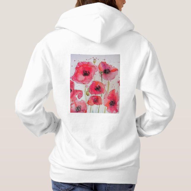 Red Poppy floral Watercolor Art Flower Pattern Hoodie (Back)