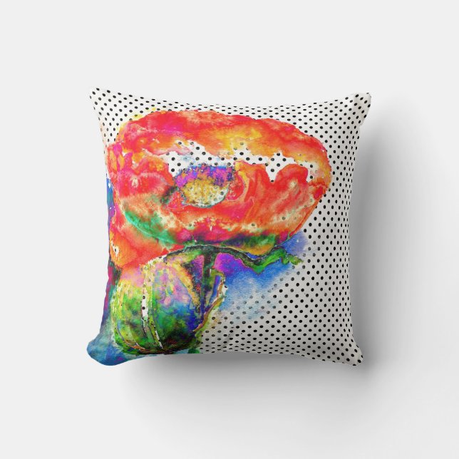 Red Poppy floral watercolor polka dot accent Cushion (Front)