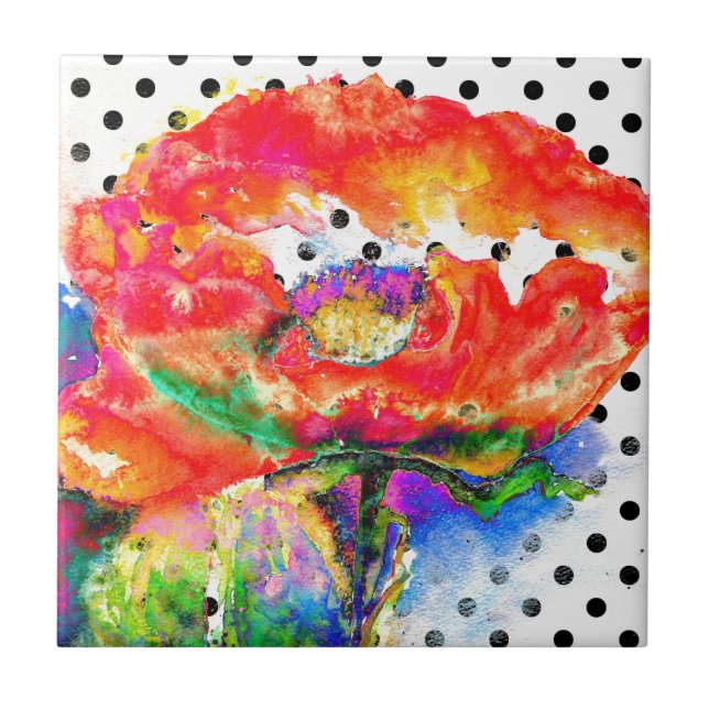 Red Poppy floral watercolor polka dot accent Tile (Front)
