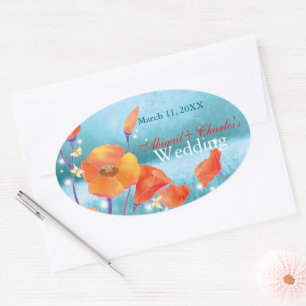 Red Poppy Floral Wedding Save the Date Oval Sticker
