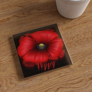 Red Poppy Flower Art Personalised Glass Coaster