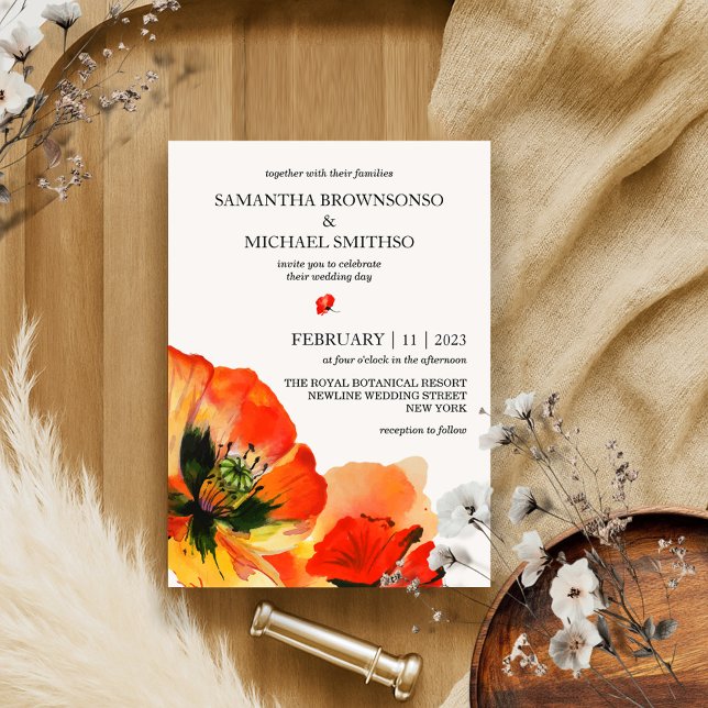Red Poppy Flower Botanical Summer Wedding Invitation (Creator Uploaded)