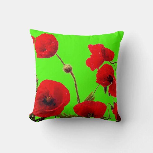 Red Poppy Flower Colourful Bright Neon Green Flora Cushion (Front)