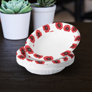 Red Poppy Flower Edge Red and White Floral Paper Plate