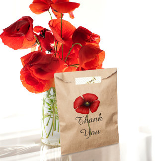 Red Poppy Flower Elegant Thank You Kraft Favour Bags