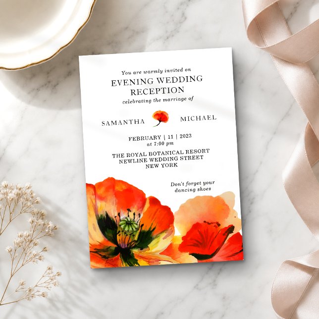 Red Poppy Flower Evening Wedding Reception Invitation (Creator Uploaded)