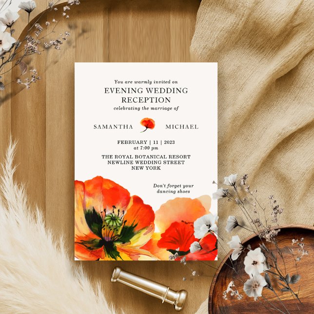 Red Poppy Flower Evening Wedding Reception Invitation (Creator Uploaded)