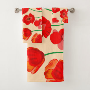 Red Poppy Flower Field on beige background    Bath Towel Set