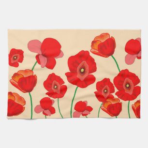 Red Poppy Flower Field on beige background   Tea Towel