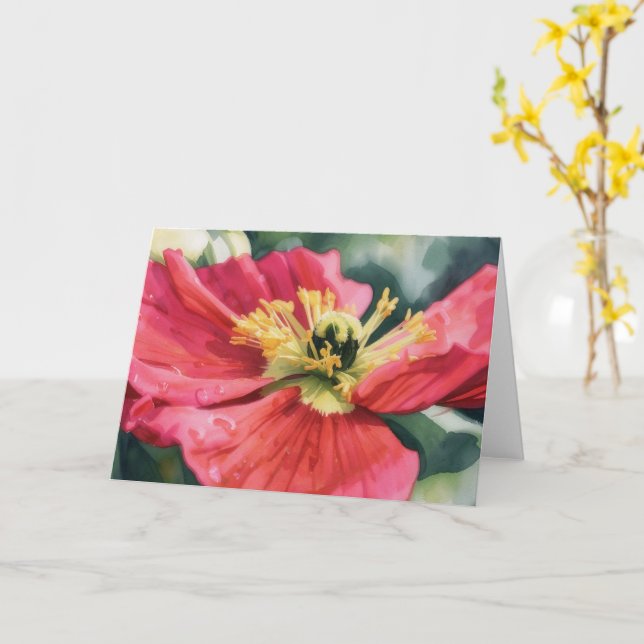 Red Poppy Flower Floral Art Note Card (Yellow Flower)