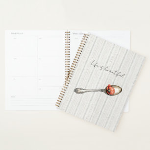 Red Poppy Flower on Spoon Grey Cream White Stripes Planner