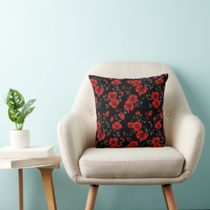 Red Poppy Flower Pattern Cushion