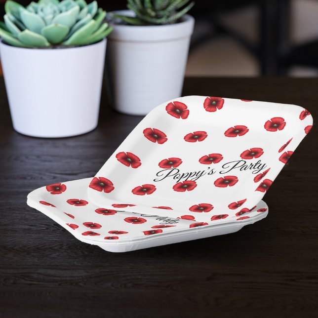 Red Poppy Flower Pattern Custom Party Paper Plate (Perfect poppy patterned paper plates for picnics in the park. Just add your name )